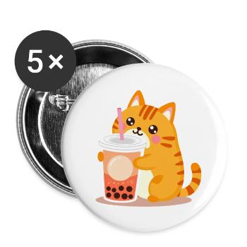 Süße Kawaii Katze mit Bubble Tea - Buttons klein 25 mm (5er Pack) - Weiß - Vorne