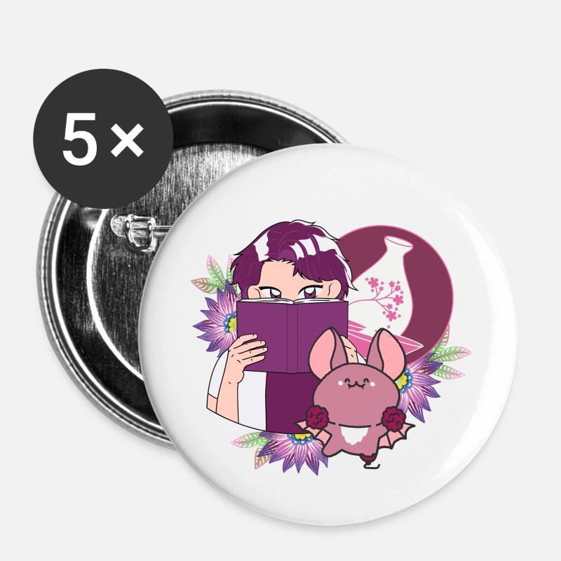 Manga Reader, Sake and Bat with Prosthesis - Buttons small 1''/25 mm (5-pack) - white