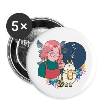 Manga Girl with Coffee and Lama in Wheelchair - Buttons small 1''/25 mm (5-pack) - white - Front