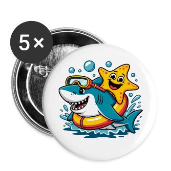 Lustiger Hai mit Seestern - Buttons klein 25 mm (5er Pack) - Weiß - Vorne