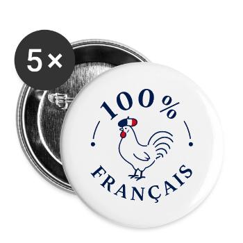 Coq 100% Français avec béret drapeau - Lot de 5 petits badges (25 mm) - blanc - Devant