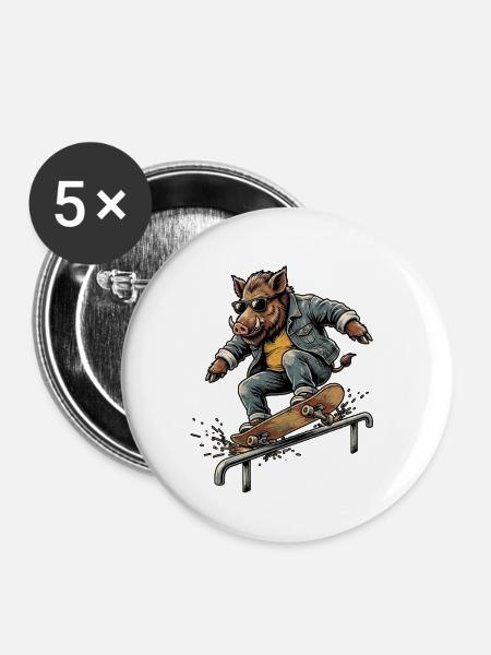 Skater Wildschwein - Buttons klein 25 mm (5er Pack) - Weiß