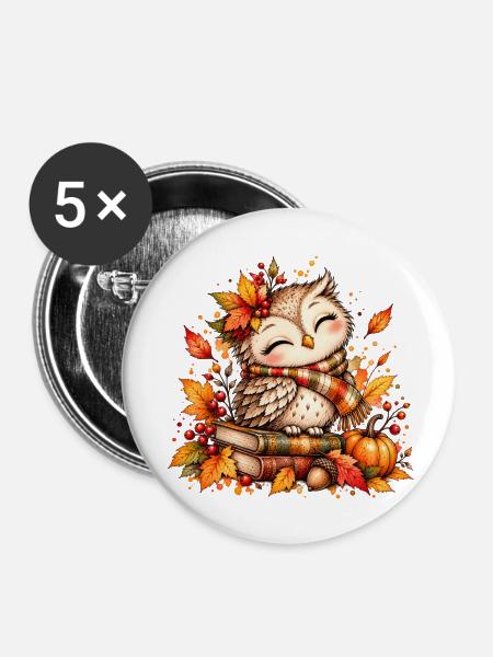 Kuschelige Herbst-Eule - Buttons klein 25 mm (5er Pack) - Weiß
