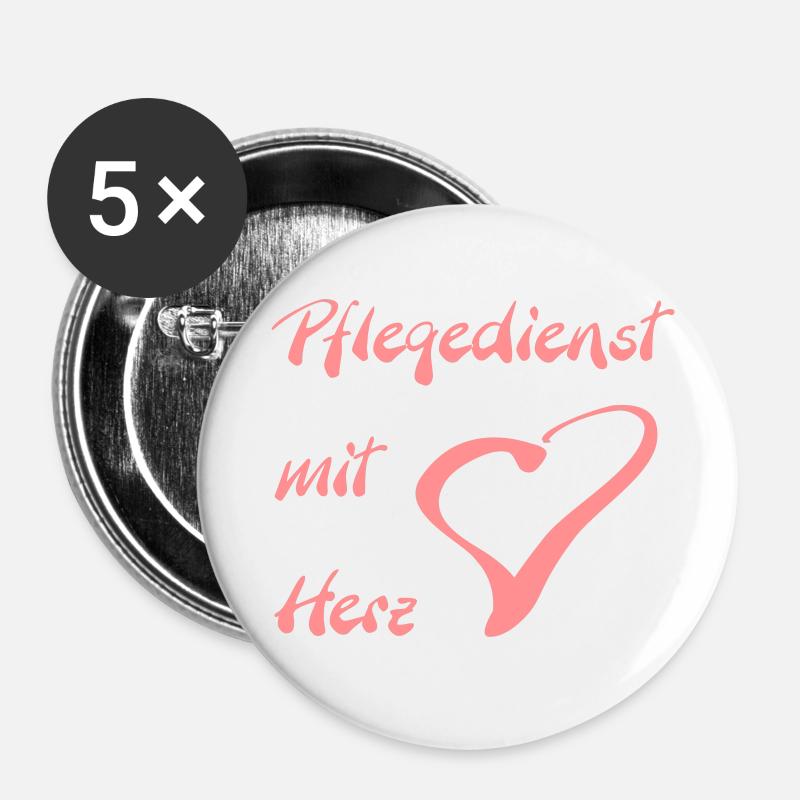 Pflegedienst mit Herz Brust gross - Buttons klein 25 mm (5er Pack) - Weiß