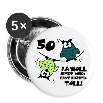 Geburtstag 50 jawoll lustige Eulen - Buttons klein 25 mm (5er Pack) - Weiß - Vorne