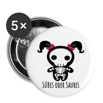 Süßes oder Saures Helloween Skelett Pinke Zöpfe - Buttons klein 25 mm (5er Pack) - Weiß - Vorne