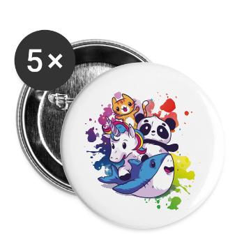 Animaux doux - panda, chat, licorne, requin - Lot de 5 petits badges (25 mm) - blanc - Devant