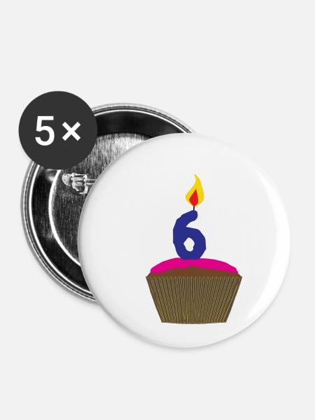 Cupcake mit Kerze Nummer 6 - Buttons klein 25 mm (5er Pack) - Weiß