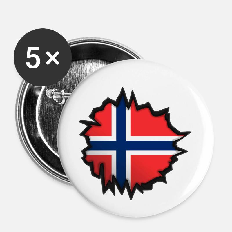 Drapeau de la Norvège dans un trou - Lot de 5 petits badges (25 mm) - blanc