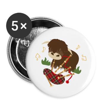 Cornemuse de jeu Highland Cattle - noir - Lot de 5 petits badges (25 mm) - blanc - Devant