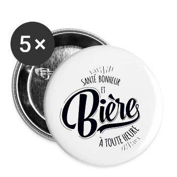 Santé, Bonheur et Bière - Idée cadeau humour bière - Lot de 5 petits badges (25 mm) - blanc - Devant