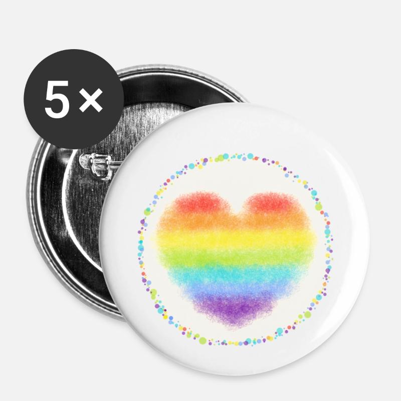 Regenbogen Herz mit Konfetti bunt - Buttons klein 25 mm (5er Pack) - Weiß