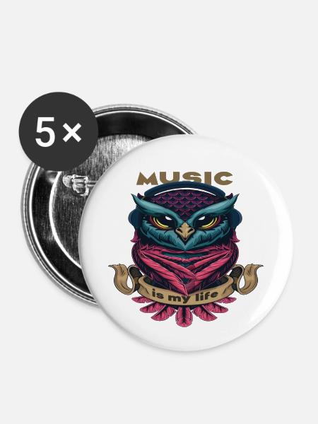 Music is my life - Buttons klein 25 mm (5er Pack) - Weiß