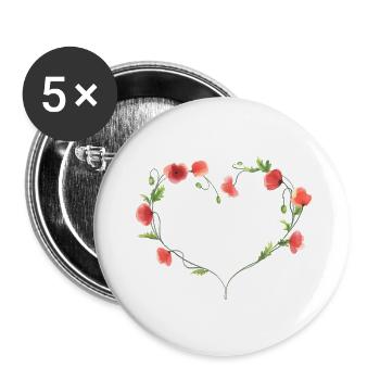 Herz aus handgemalten roten Mohnblumen - Buttons klein 25 mm (5er Pack) - Weiß - Vorne