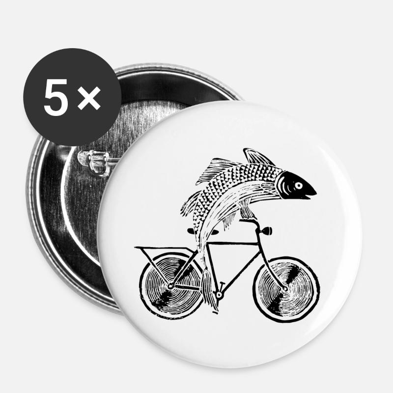 Fish with bicycle /motive in black, white and blue - Buttons small 1''/25 mm (5-pack) - white