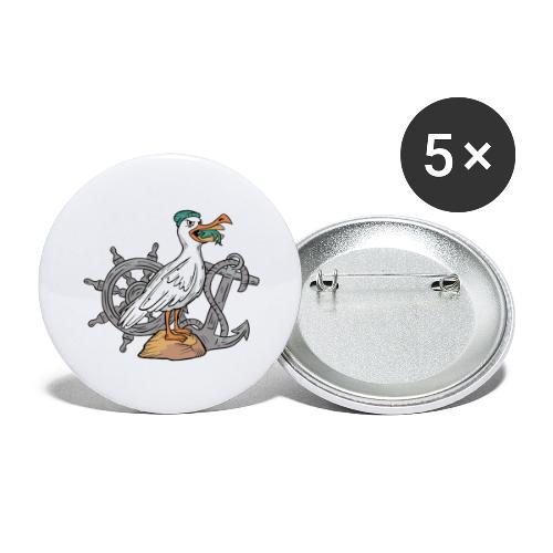Möwe mit Fischbrötchen im Maul Anker und Steuerrad - Buttons klein 25 mm (5er Pack)