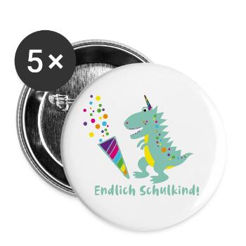 schulkind,dinosaurier,dino, endlich schulkind - Buttons klein 25 mm (5er Pack) - Weiß - Vorne