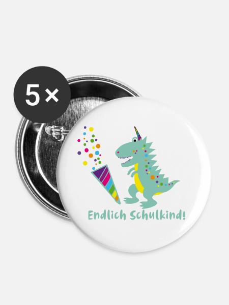 schulkind,dinosaurier,dino, endlich schulkind - Buttons klein 25 mm (5er Pack) - Weiß