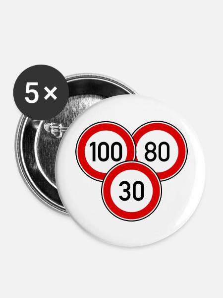 Tempolimit 100 - 80 - 30 - Buttons klein 25 mm (5er Pack) - Weiß