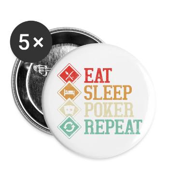 Eat Sleep Poker Joueur de cartes de jeu répété - Lot de 5 petits badges (25 mm) - blanc - Devant