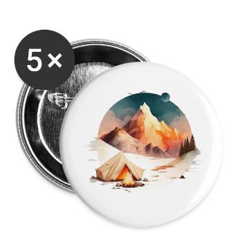 Zelt und Lagerfeuer in den Bergen für Camper - Buttons klein 25 mm (5er Pack) - Weiß - Vorne