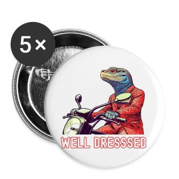 Eidechse auf dem Motorrad: Gut gekleidetes Reptil - Buttons klein 25 mm (5er Pack) - Weiß - Vorne