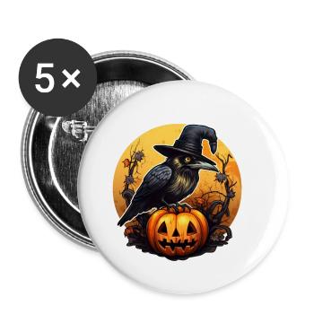 Halloween Rabe mit Hexenhut auf Kürbis - Buttons klein 25 mm (5er Pack) - Weiß - Vorne