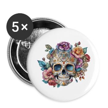 skull, romantisch, blume, vintage, rose, tatoo art - Buttons klein 25 mm (5er Pack) - Weiß - Vorne