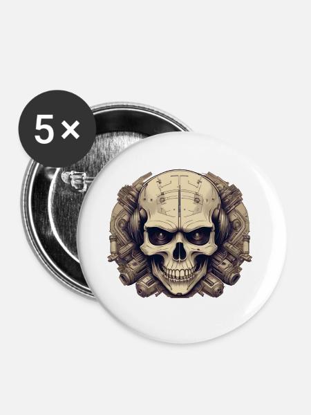 Bionic Schädel - Comic-Stil Logo - Buttons klein 25 mm (5er Pack) - Weiß
