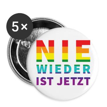 Nie wieder ist jetzt! Schriftzug Pride Flagge - Buttons klein 25 mm (5er Pack) - Weiß - Vorne
