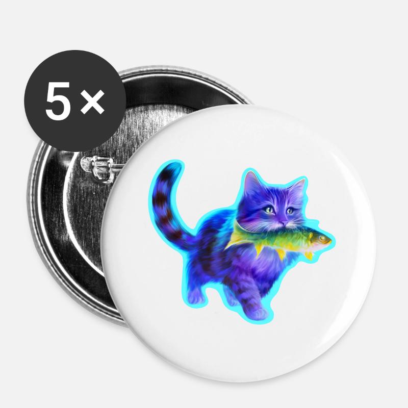 Cat walks with fish - Buttons small 1''/25 mm (5-pack) - white