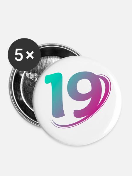 Nummer 19 mehrfarbig - Buttons klein 25 mm (5er Pack) - Weiß