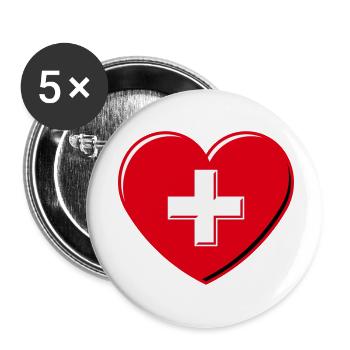 Herz Mit Schweizerkreuz (Schweiz / 3D / 3C) - Buttons klein 25 mm (5er Pack) - Weiß - Vorne