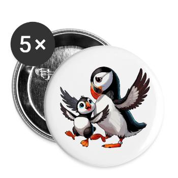Macareux mère et enfant gambadant - Lot de 5 petits badges (25 mm) - blanc - Devant