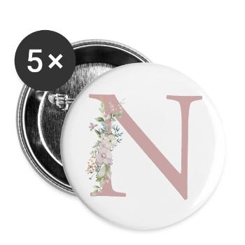 N Monogramme, Floral, Personnalisable - Lot de 5 petits badges (25 mm) - blanc - Devant
