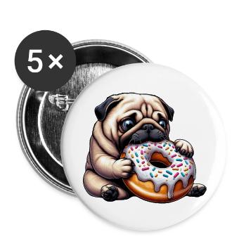 Carlin mignon avec beignet dessin animé Snacking drôle - Lot de 5 petits badges (25 mm) - blanc - Devant