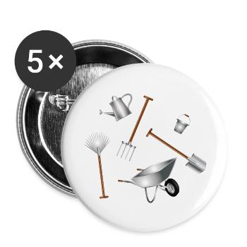 Illustration d’ensemble d’outils de jardin classiques - Lot de 5 petits badges (25 mm) - blanc - Devant