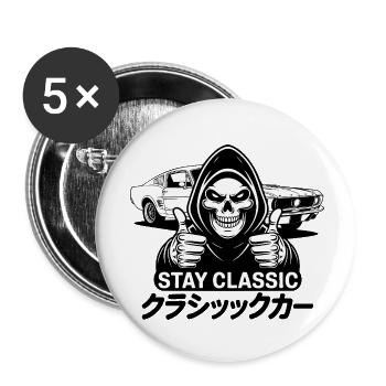 Stay Classic – Totenkopfkunst mit japanischem Oldtimer - Buttons klein 25 mm (5er Pack) - Weiß - Vorne