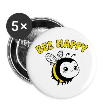 Bee Happy – Süße Cartoon Biene in Gelb Schwarz - Buttons klein 25 mm (5er Pack) - Weiß - Vorne