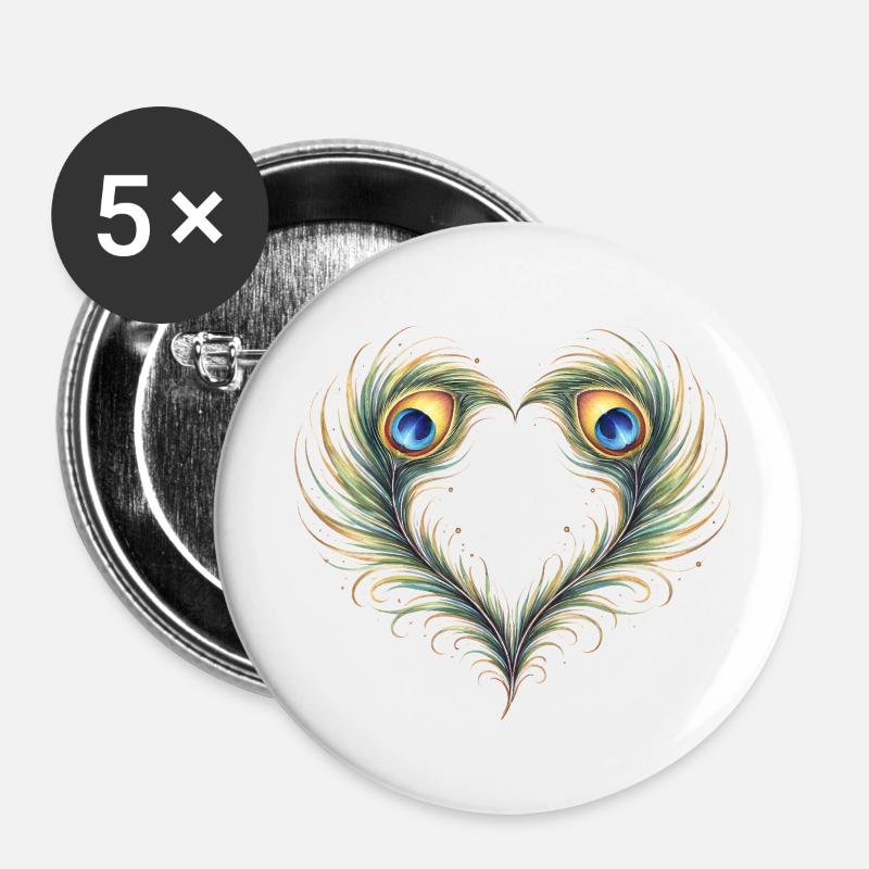 Påfågelfjäderhjärta Ornament Boho Present - Små knappar 25 mm (5-pack) - vit