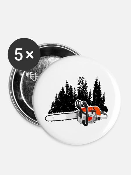 Dein Forstbetrieb - Motorsäge & Wald (Orange) - Buttons klein 25 mm (5er Pack) - Weiß