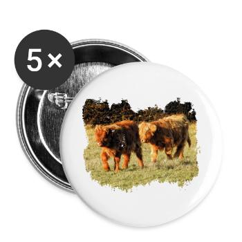 Zwei zottelige Hochland Kälber auf der Weide - Buttons klein 25 mm (5er Pack) - Weiß - Vorne