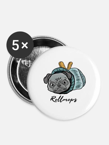 Mops beim Fasching! Geschenk Rollmops - Buttons klein 25 mm (5er Pack) - Weiß