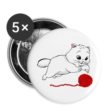Un chat et une boule de fil - Lot de 5 petits badges (25 mm) - blanc - Devant