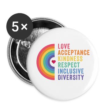 Mois de la fierté LGBT - Amour. Acceptation. Bonté - Lot de 5 petits badges (25 mm) - blanc - Devant
