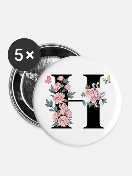 Buchstabe h rosa Blumen - Buttons klein 25 mm (5er Pack) - Weiß