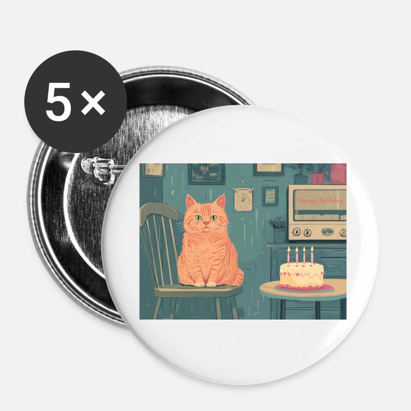 Happy Birthday cat - Buttons klein 25 mm (5er Pack) - Weiß