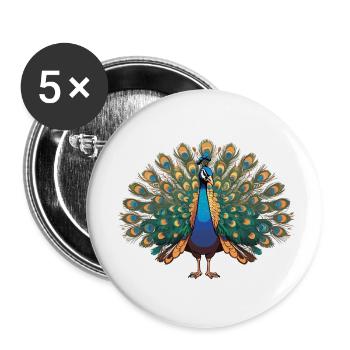 Paon - Autocollant Oiseau - Lot de 5 petits badges (25 mm) - blanc - Devant