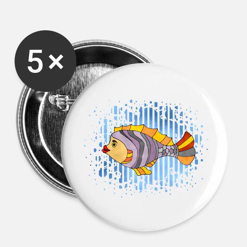 poisson - Lot de 5 petits badges (25 mm) - blanc
