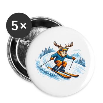 Lustiger Ski Hirsch – Comic Wintersport Motiv - Buttons klein 25 mm (5er Pack) - Weiß - Vorne